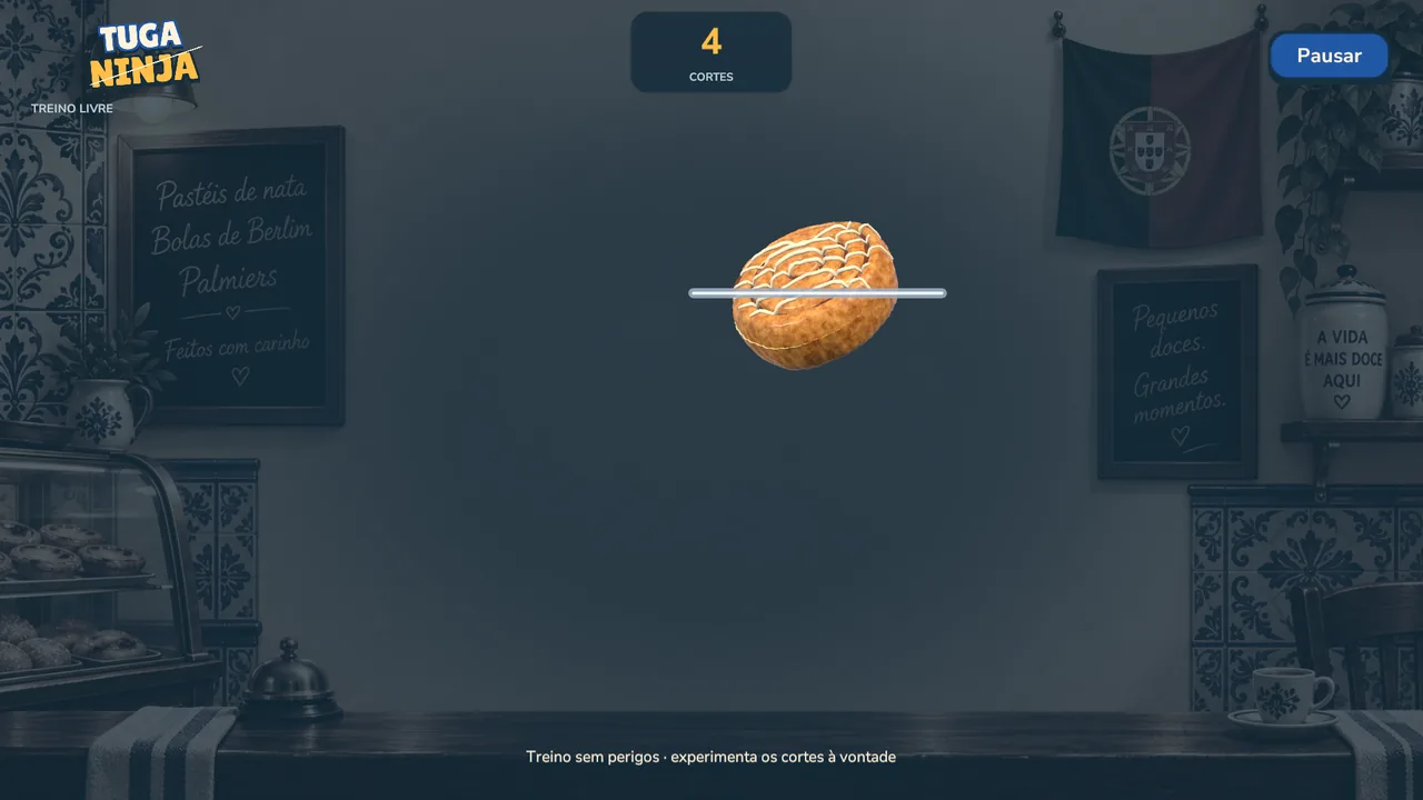Modo de treino livre do Tuga Ninja, com doces a voar e sem contagem decrescente.