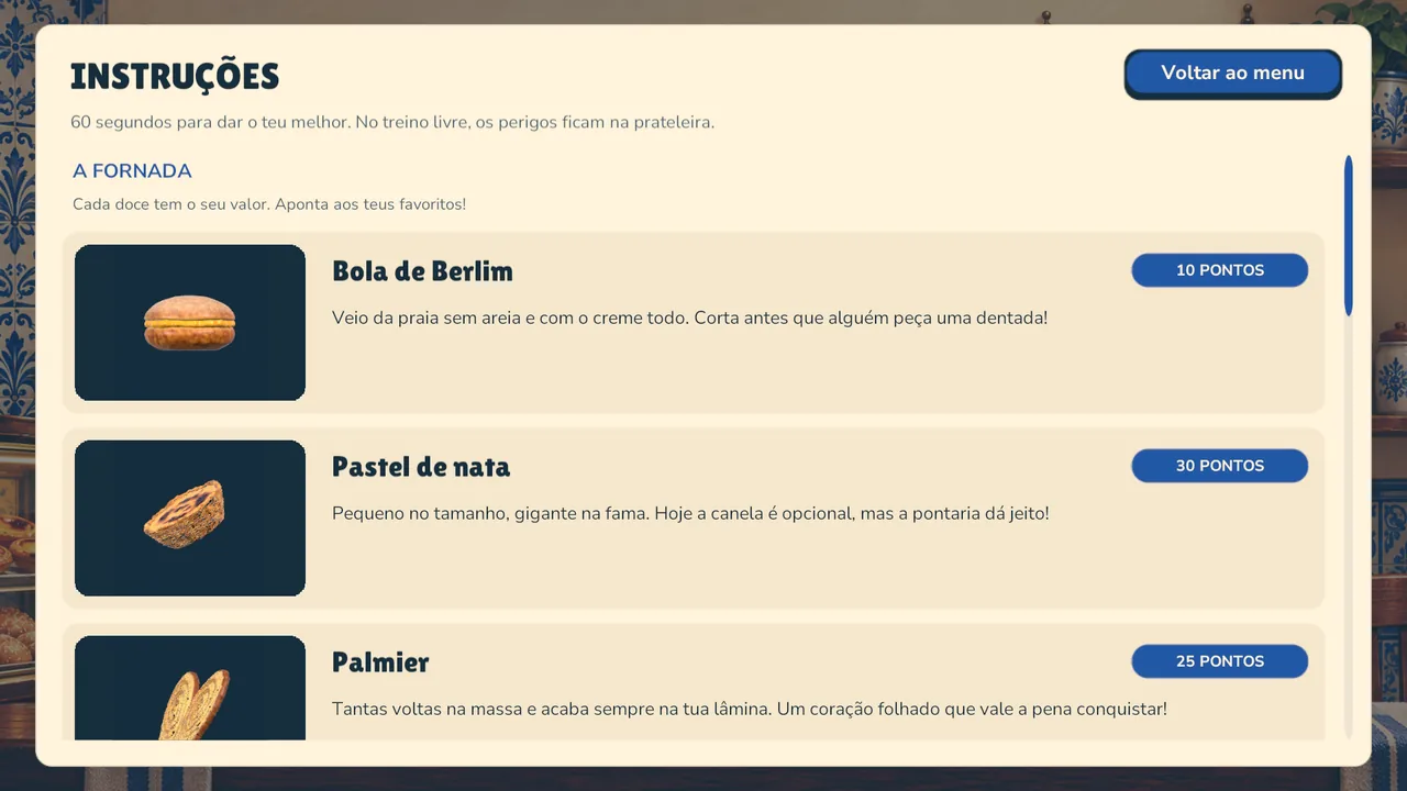 Instruções do Tuga Ninja: bola de Berlim, pastel de nata e parte de um palmier, com os respetivos pontos.