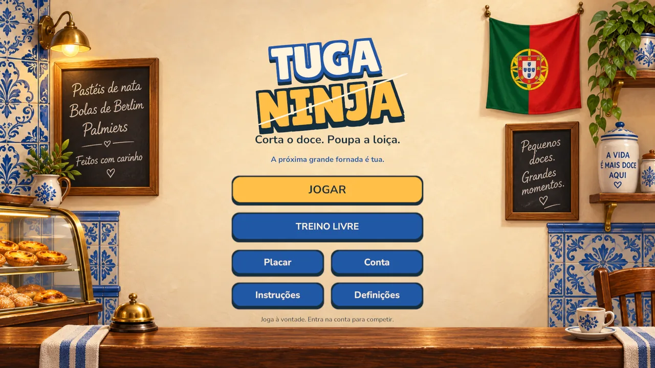 Menu do Tuga Ninja com opções de jogar, treino, instruções, placar e definições.