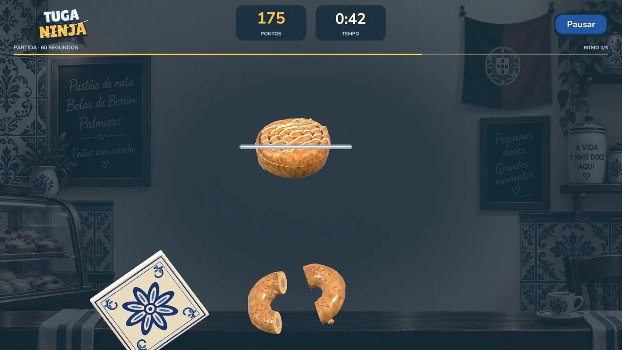 Ecrã de partida do Tuga Ninja: doces e perigos sobre um cenário de pastelaria, com pontuação e tempo no topo.